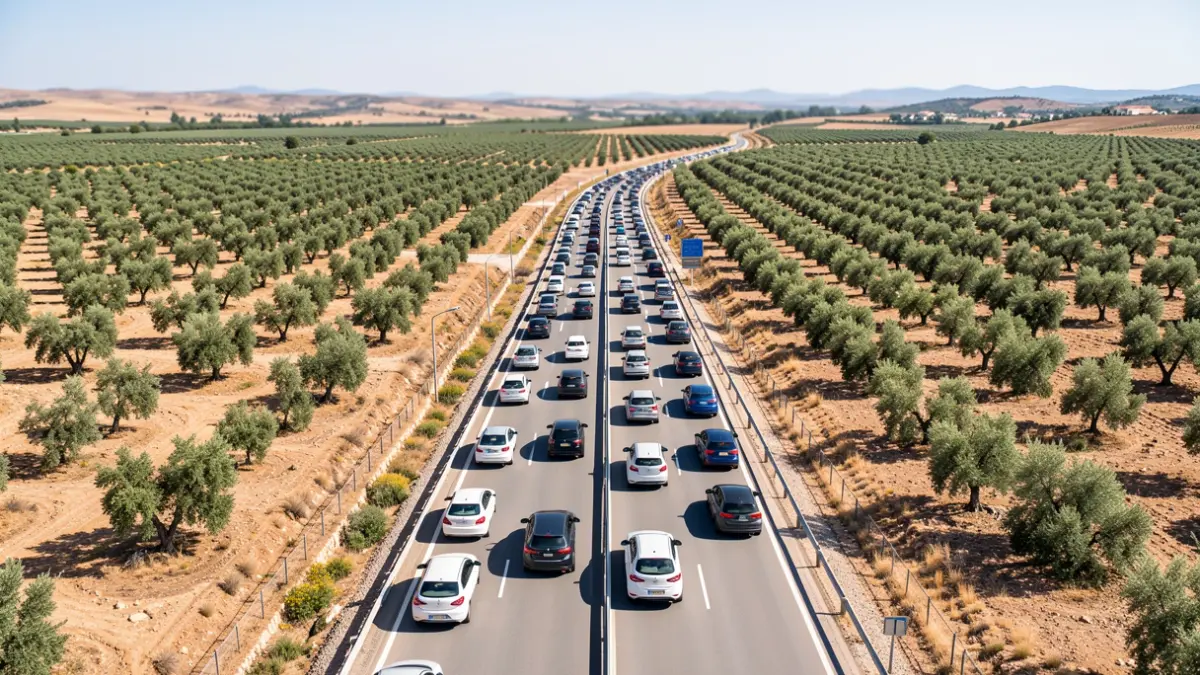 Generic image of heavy traffic on an Andalusian highway during the summer holiday departure.