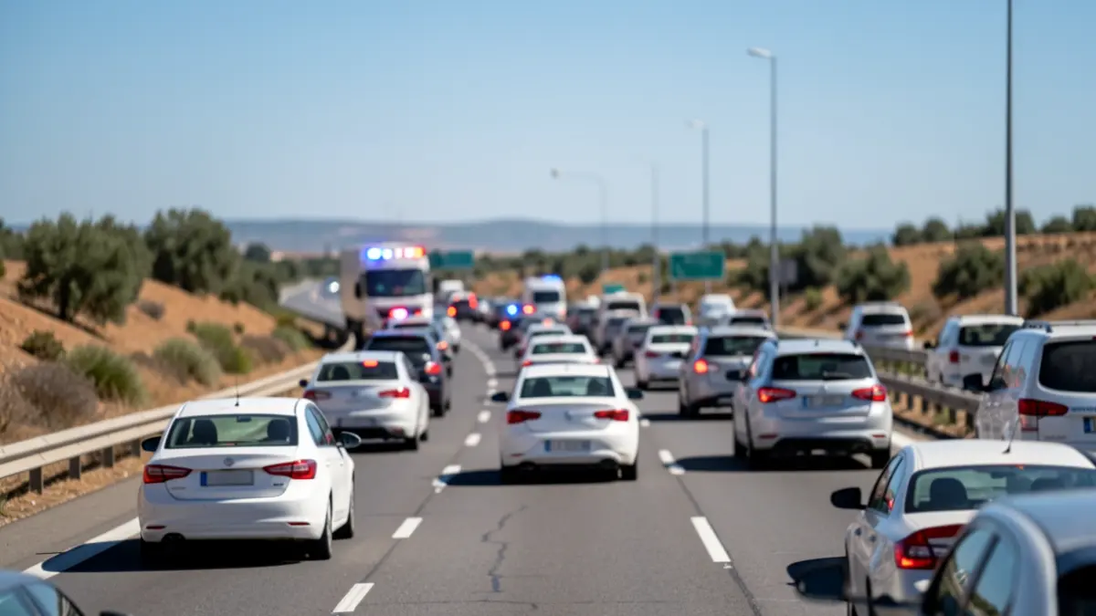 Imagen genérica de tráfico denso en una autopista andaluza con luces de emergencia.