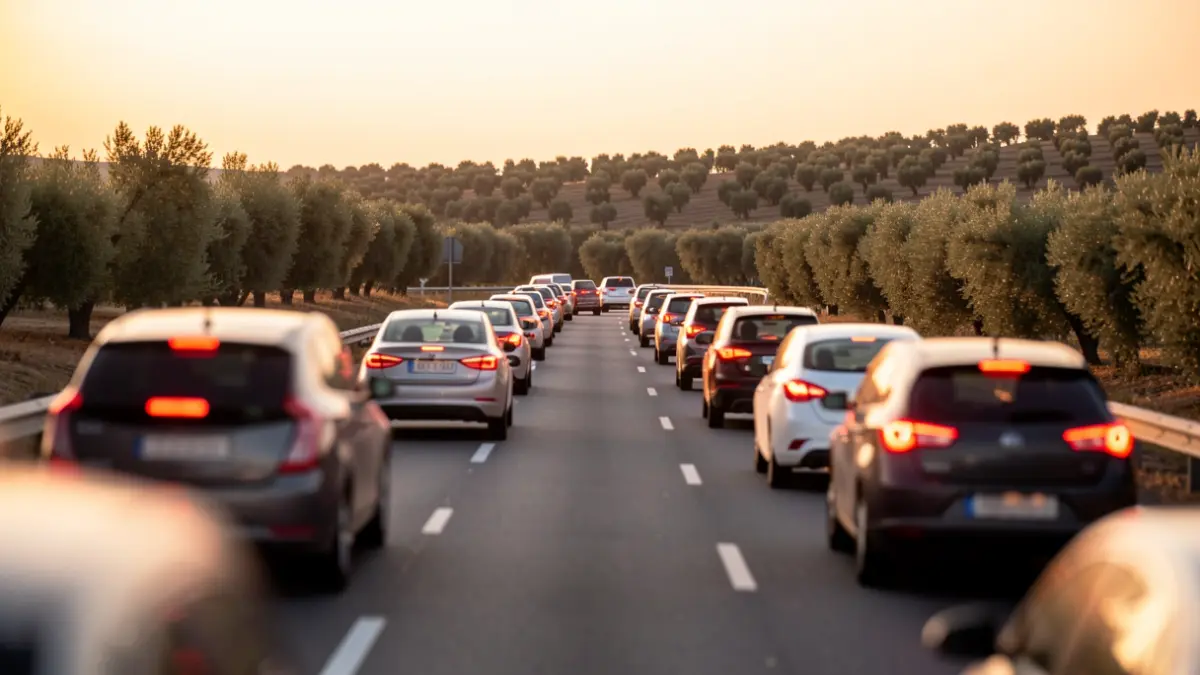 Generic image of heavy traffic on a highway at sunset.