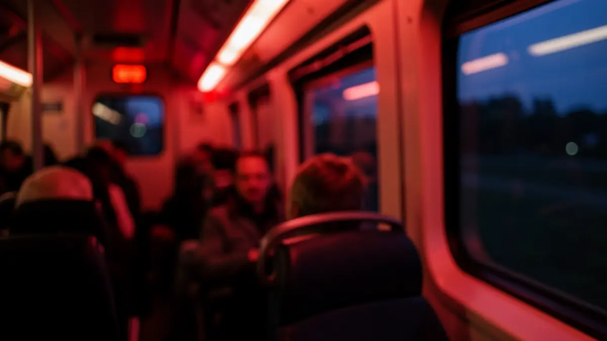 Generic image of a train car with emergency lights and waiting passengers.