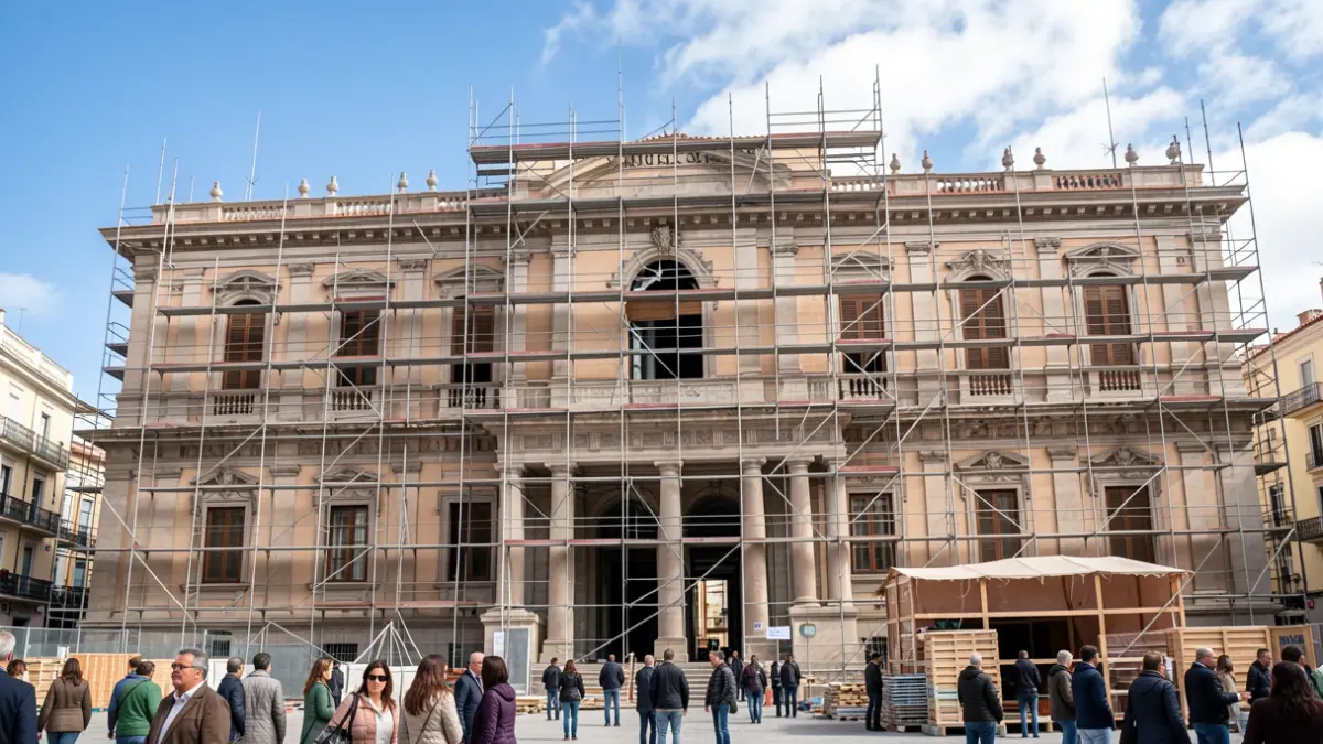Fachada del edificio cultural Neoalbéniz en Málaga durante las obras.