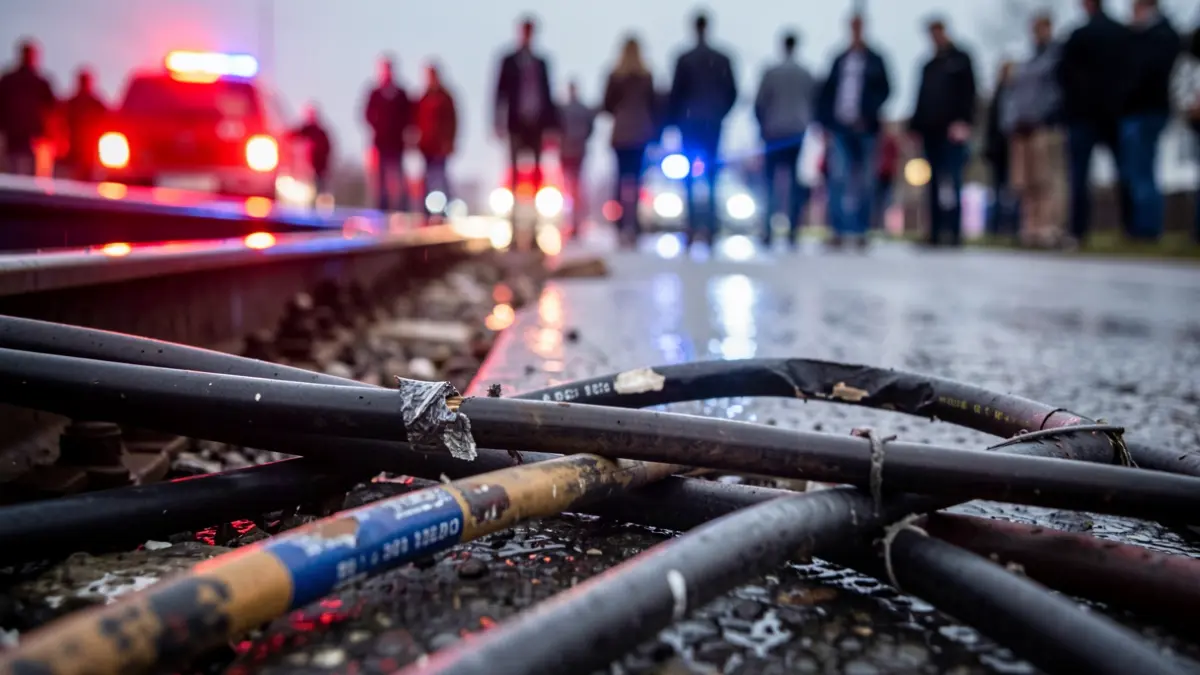 Close-up of damaged electrical cables on a railway track with emergency lights.