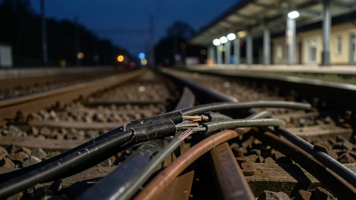 Primer plano de cables eléctricos dañados en una vía de tren.