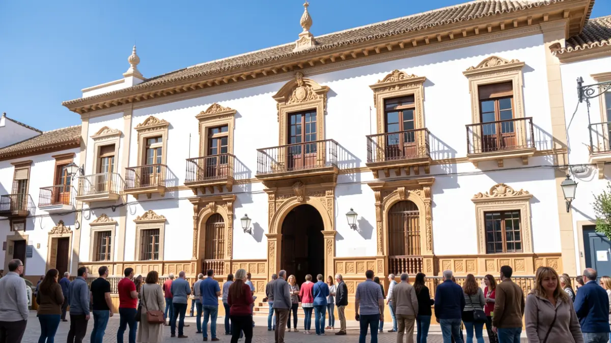 Facade of the Ronda City Hall with ornate balconies and white walls under the sun.