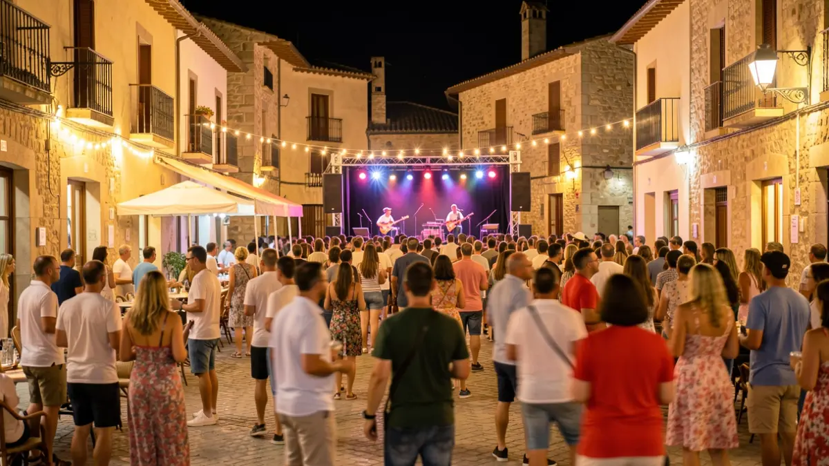 Generic image of a Spanish town square at night with a festival atmosphere.