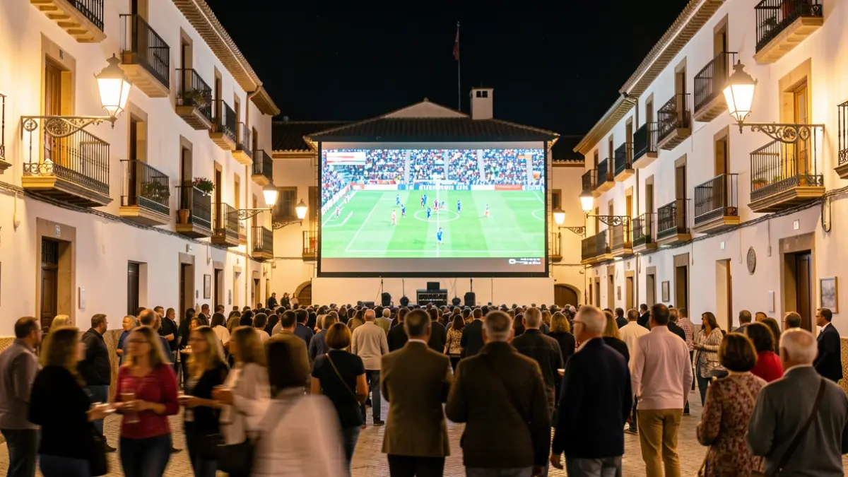 Imagen genérica de una plaza andaluza por la noche durante un evento cultural y la retransmisión de un partido de fútbol.