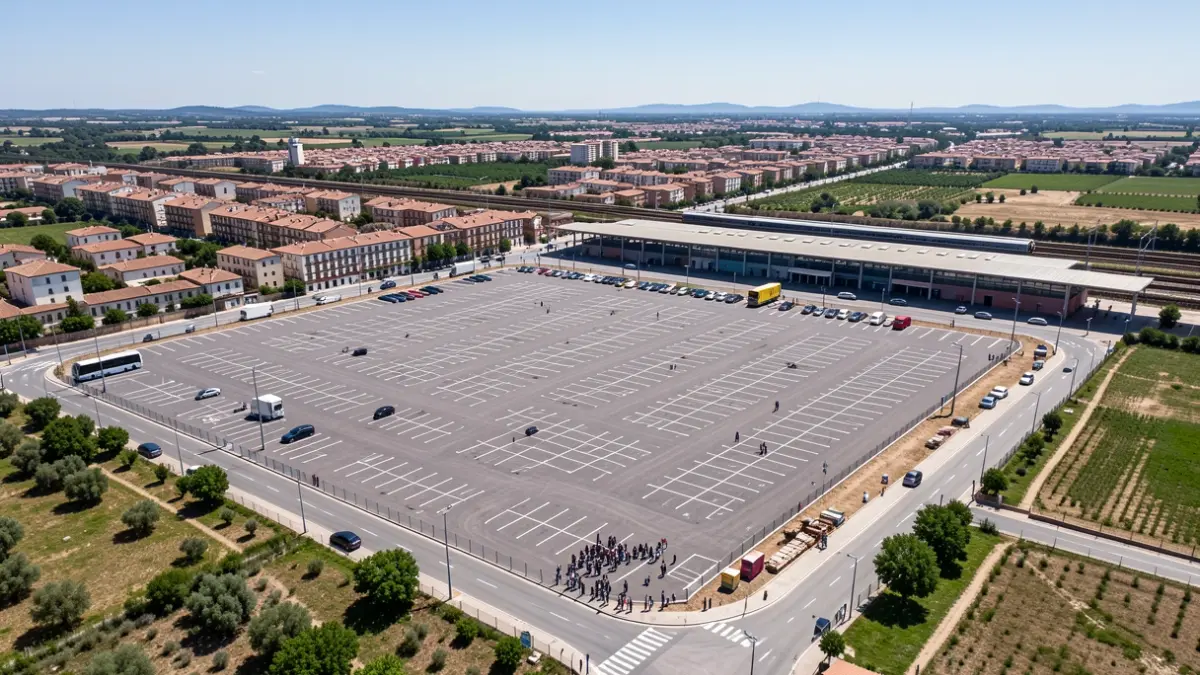 Aerial view of a new parking lot next to the Ronda train station.