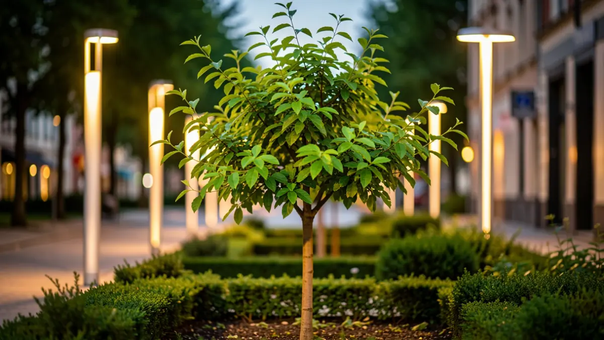 Generic image of a newly planted garden area with ornamental lighting.