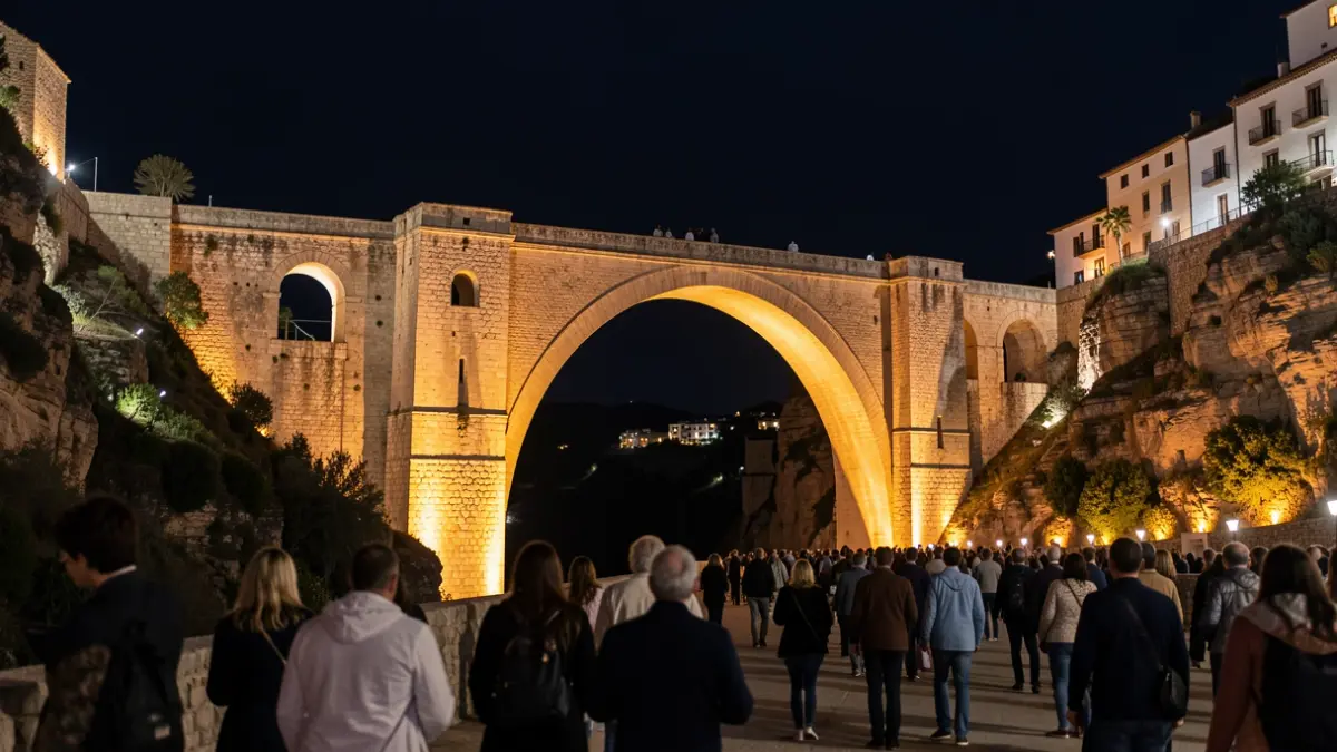 Artistic illumination of the Puente Nuevo bridge in Ronda at night.