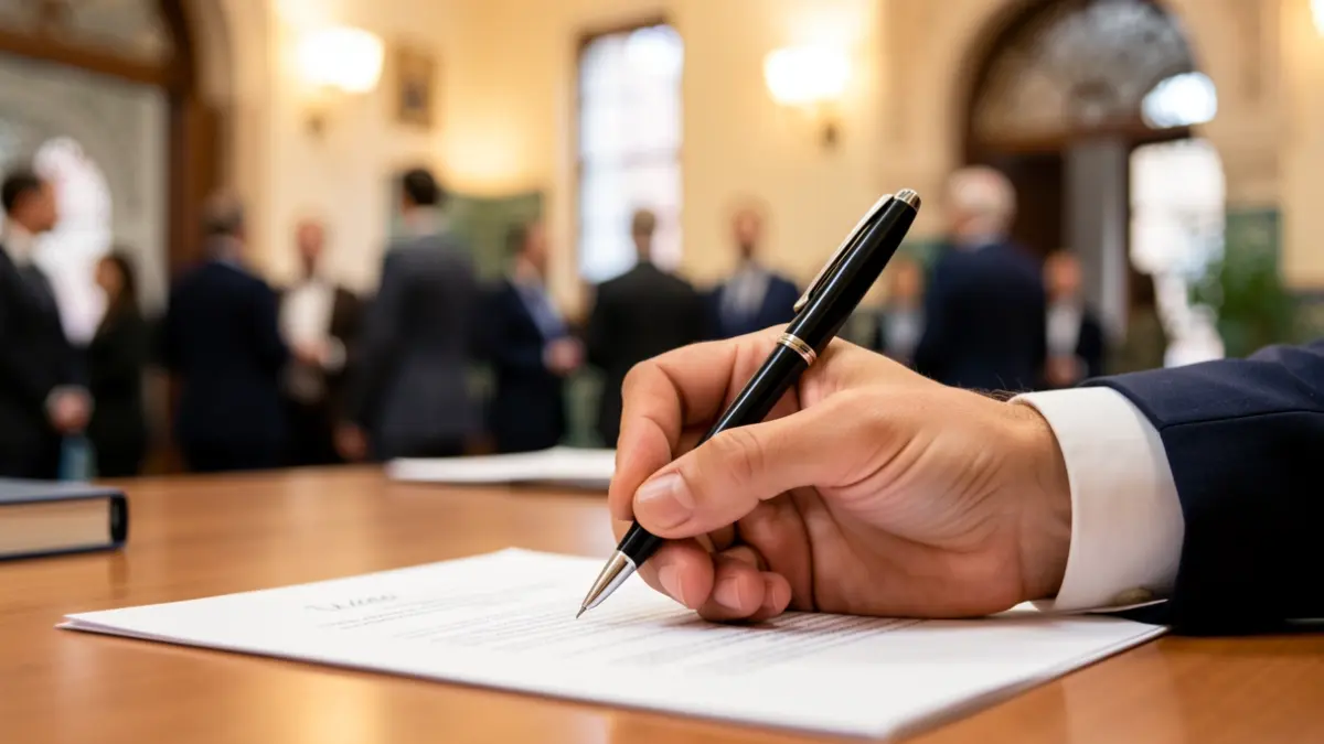 Generic image of a hand signing a document on a desk.