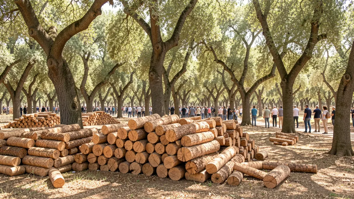 Cork oak forest in Andalusia with harvested cork stacked on the ground.