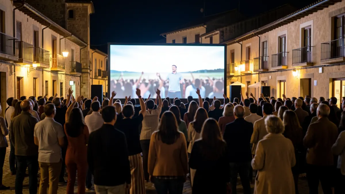 Pantalla gigante instalada en una plaza de Ronda para ver la final del Mundial de fútbol.
