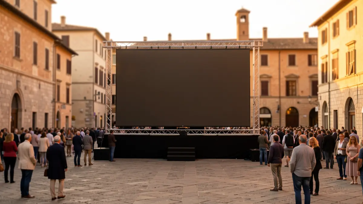 Pantalla gigante instalada en una plaza histórica para eventos deportivos.