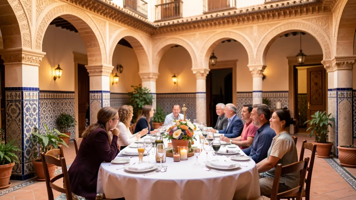 Courtyard of a historic convent in Andalusia set up for a charity dinner.