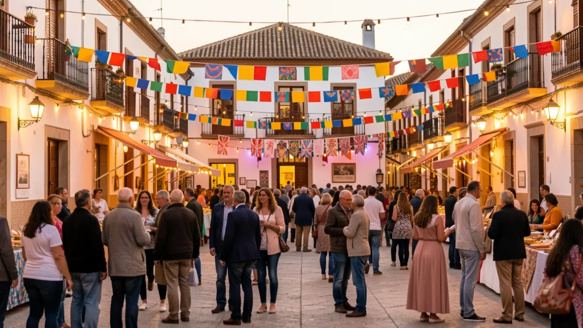 Andalusian town square decorated for a festival with lights and banners.