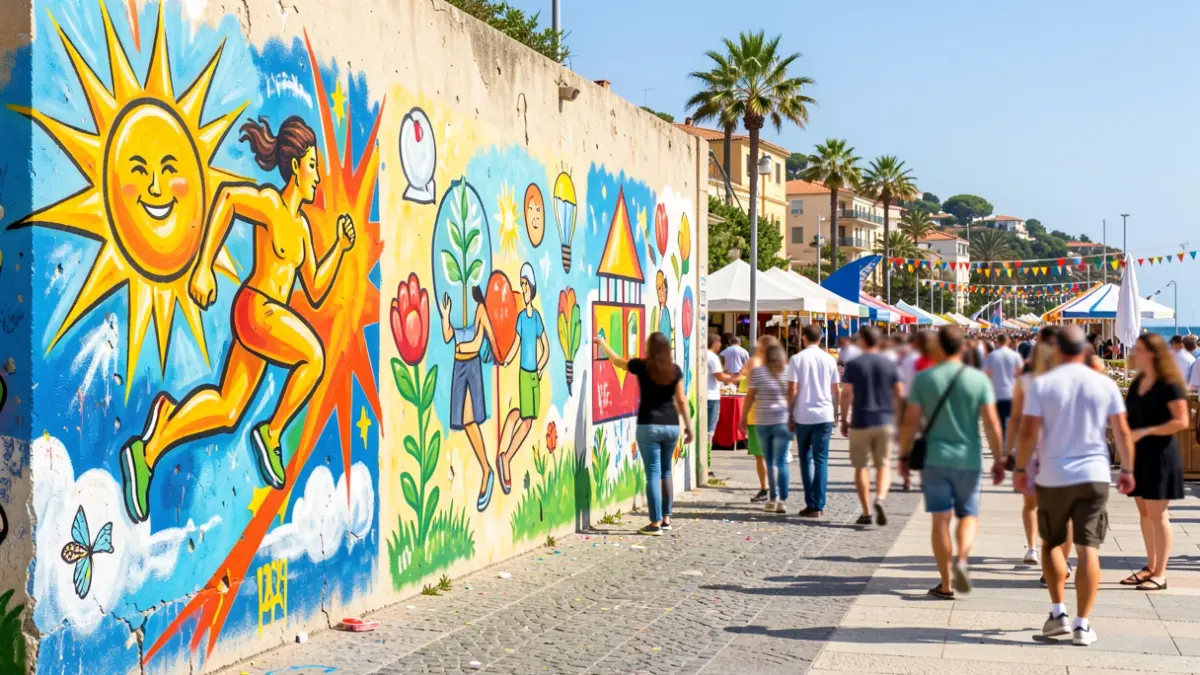 Urban art mural about healthy habits on the Roquetas de Mar promenade.