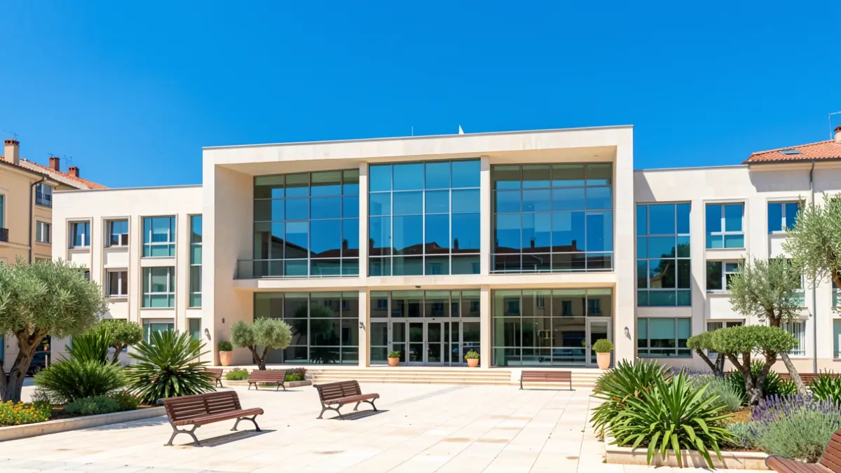 Facade of a modern town hall building with a public square and Mediterranean vegetation.