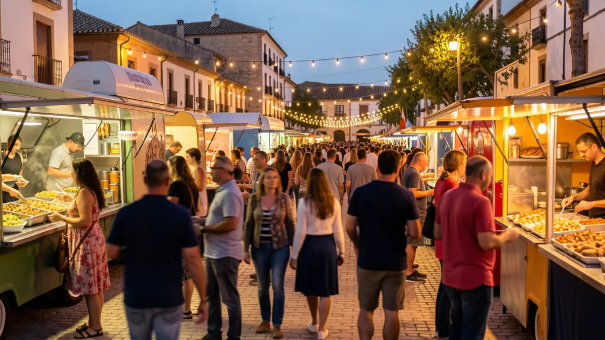 Generic image of an outdoor food festival in Andalusia with food stalls and people enjoying themselves.