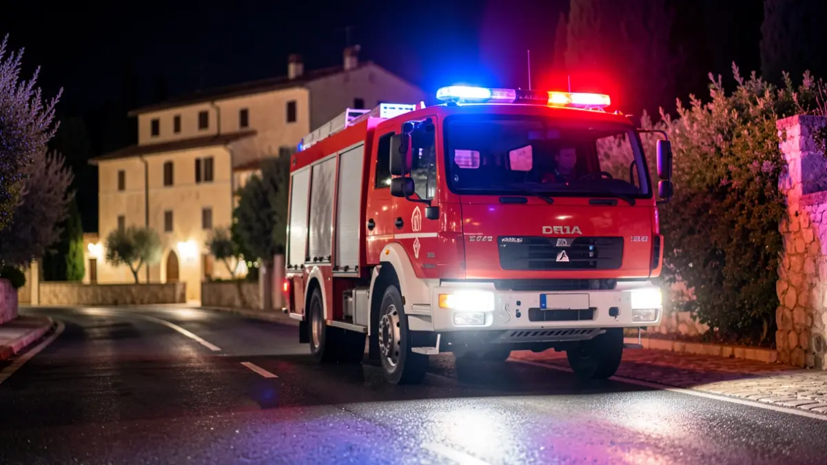 Imagen genérica de un camión de bomberos con luces de emergencia en una calle de Andalucía por la noche.