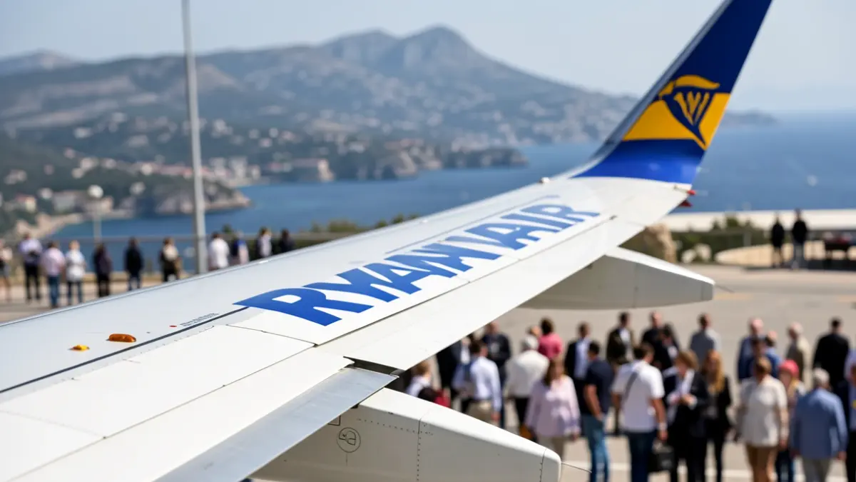 Ala de avión de Ryanair sobre la costa mediterránea.