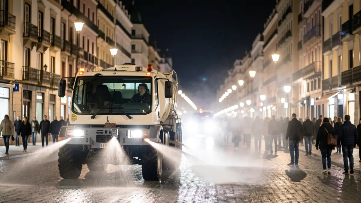 Street cleaning truck spraying water on an avenue in Córdoba at night.