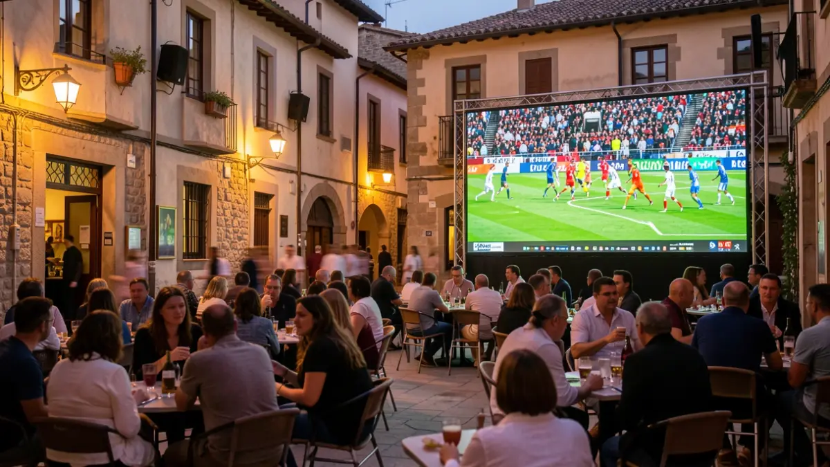 Terraza de bar en Salobreña con pantalla para ver el Mundial de Fútbol.