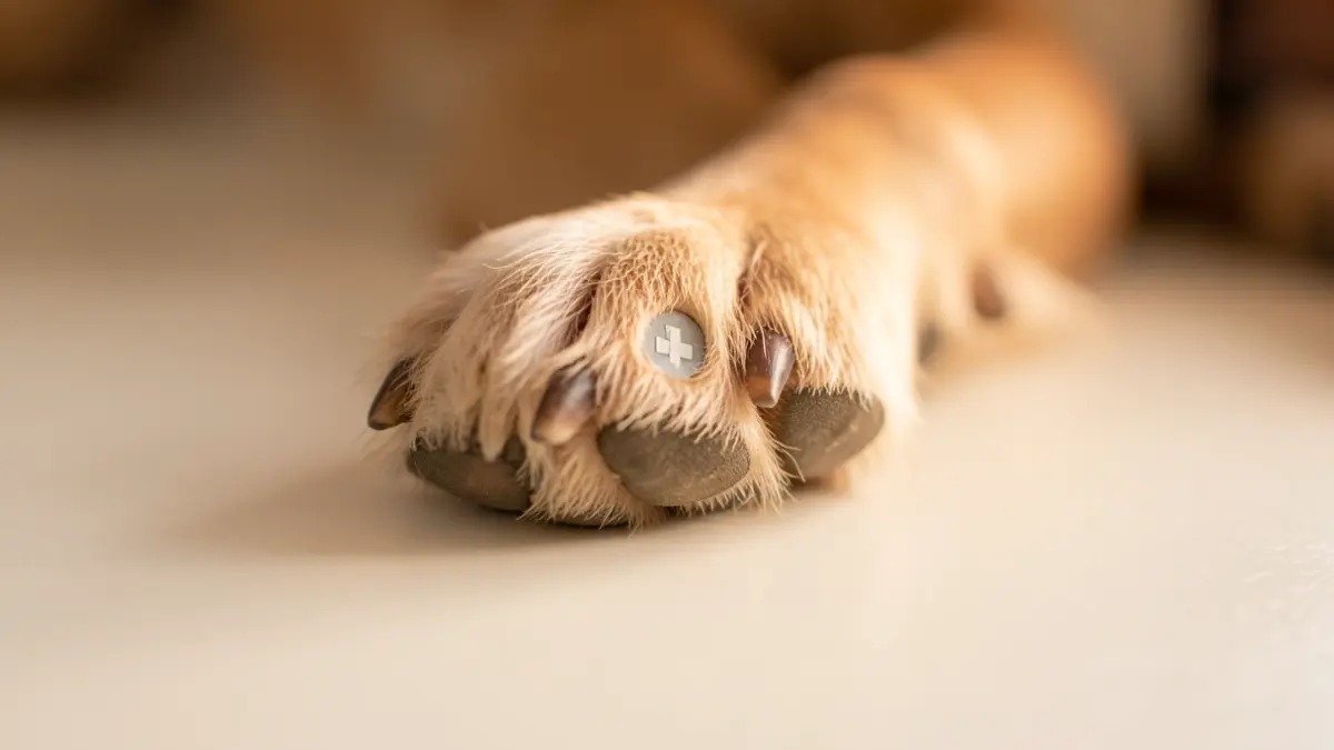 Close-up of a dog's paw with a microchip visible.