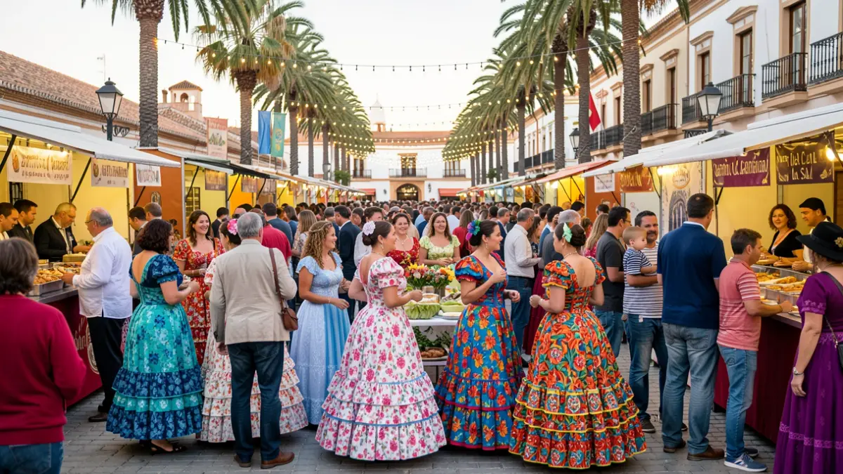 Imagen genérica de la Feria del Carmen y la Sal en San Fernando con mujeres vestidas de flamenca y ambiente festivo.
