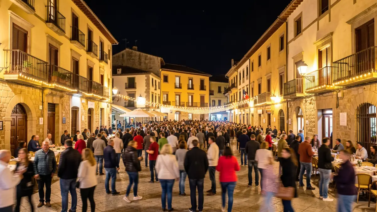 Generic image of a Spanish square illuminated at night during a popular festival.