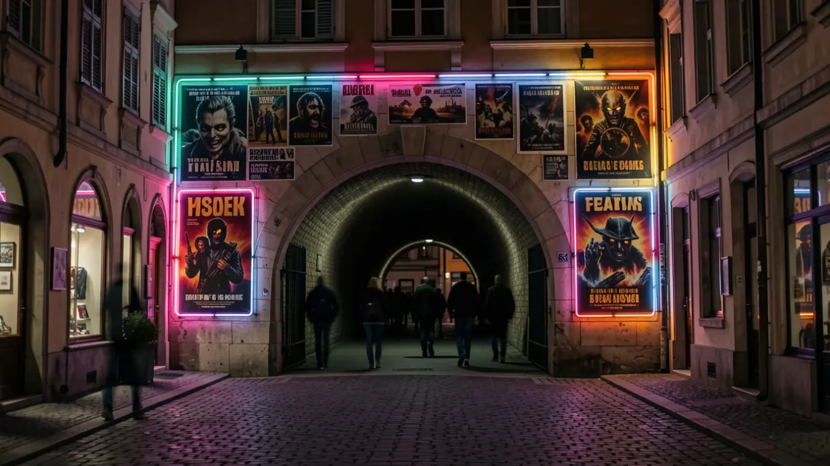 Entrance to an 80s-themed horror tunnel in San Fernando, featuring retro horror movie posters and neon lights.
