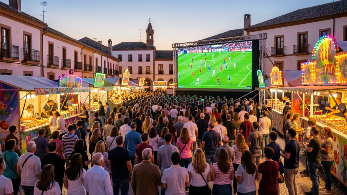 Ambiente festivo en la Feria de San Fernando con pantallas gigantes para ver el Mundial.