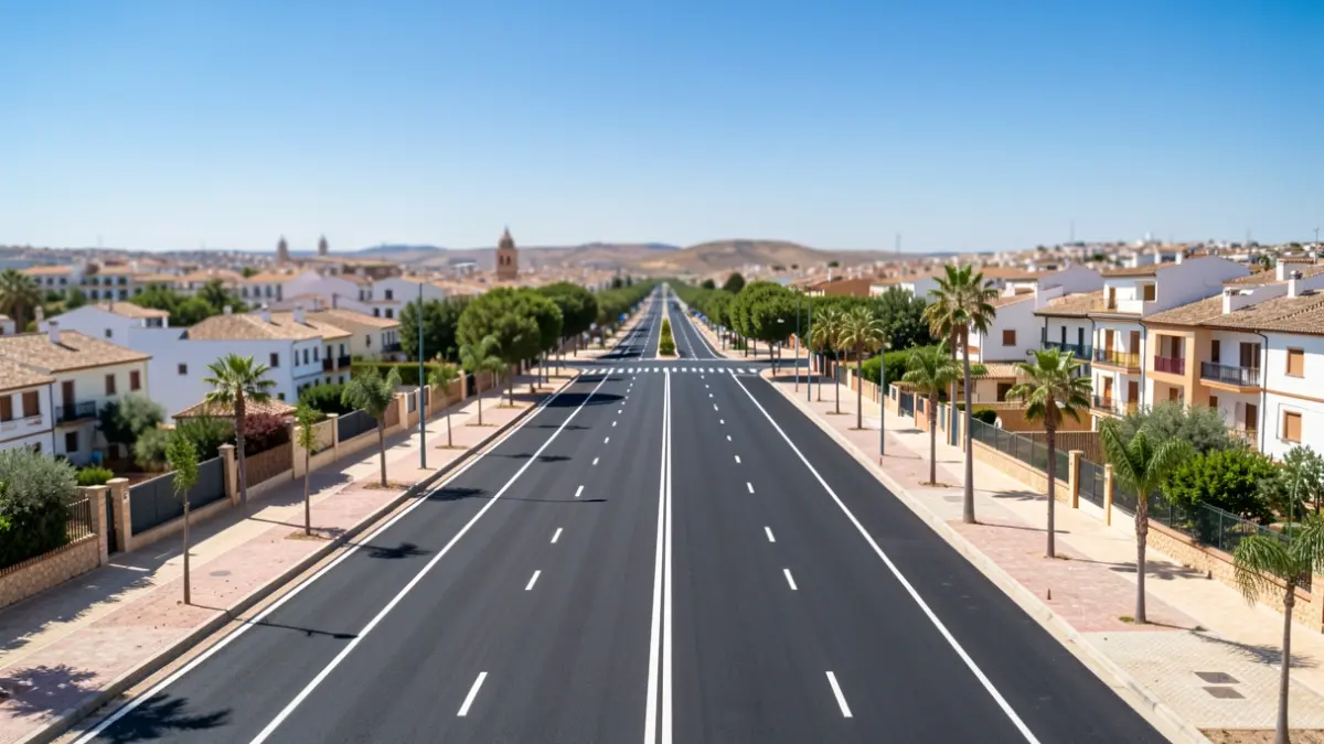 Aerial view of Pery Junquera Avenue in San Fernando with four newly asphalted lanes.