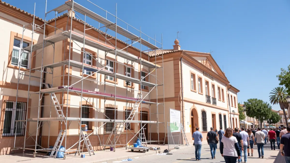 Fachada de un colegio público en Andalucía con obras de mantenimiento y pintura.