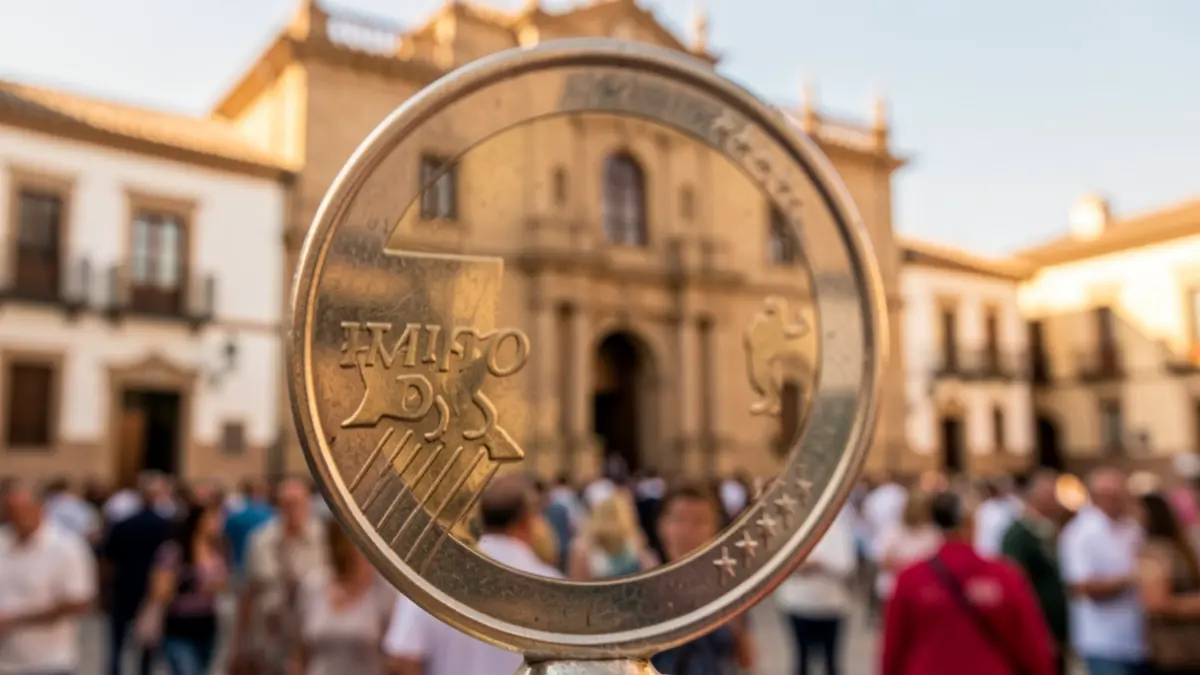 Spanish euro coin with the blurred background of an Andalusian town hall facade.