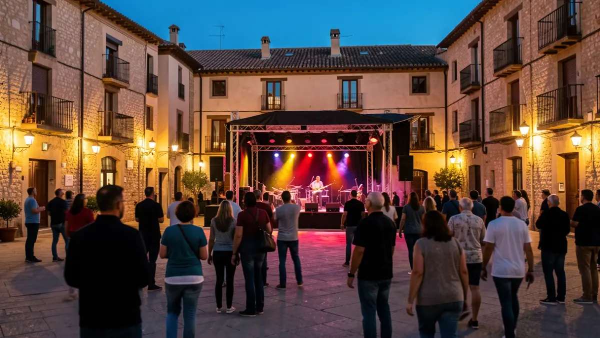 Generic image of a Spanish plaza with a concert stage at dusk.