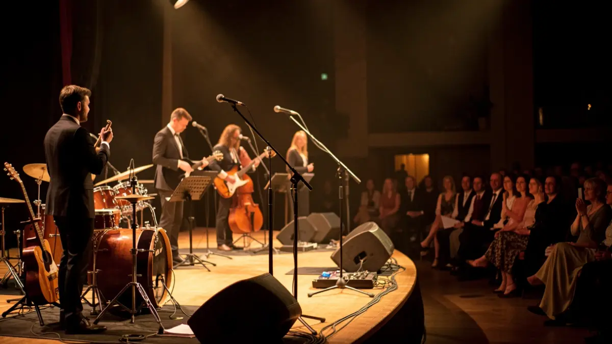 Imagen genérica de un concierto homenaje con músicos en el escenario y público difuminado.