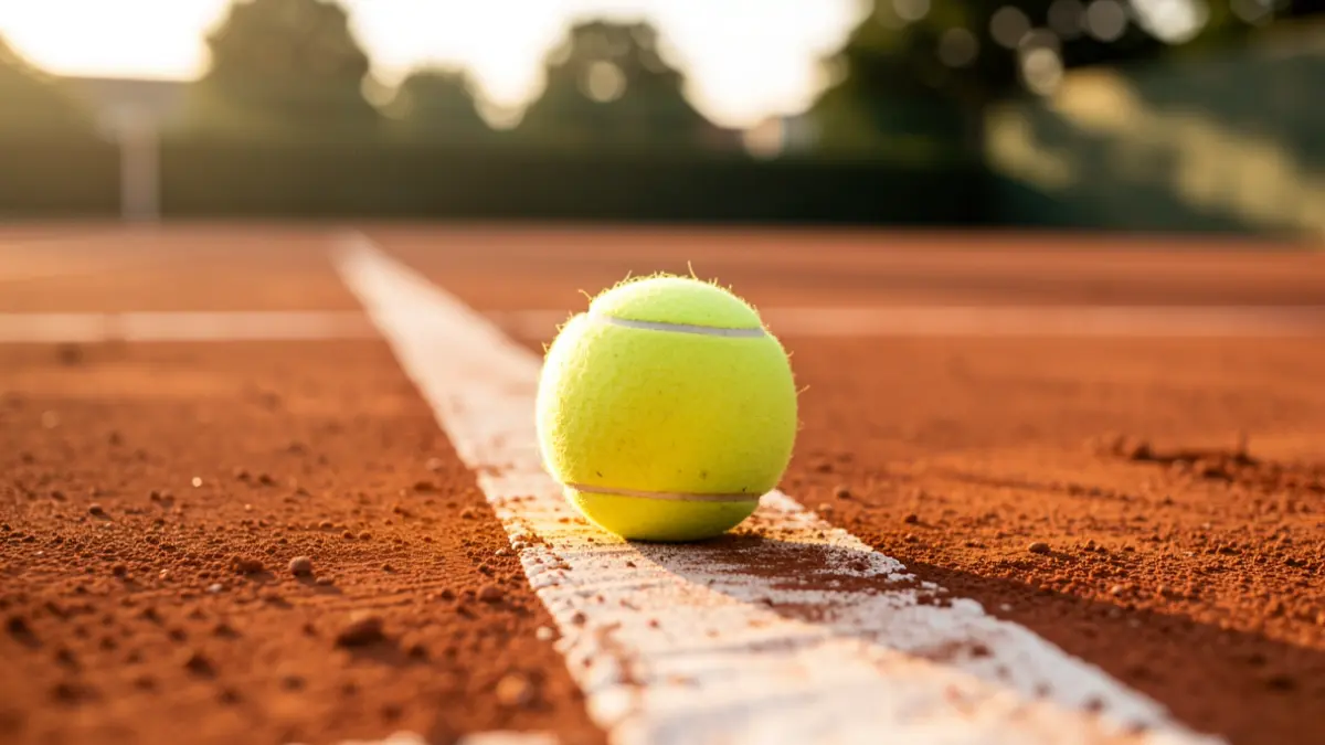 Primer plano de una pelota de tenis sobre una pista de tierra batida.