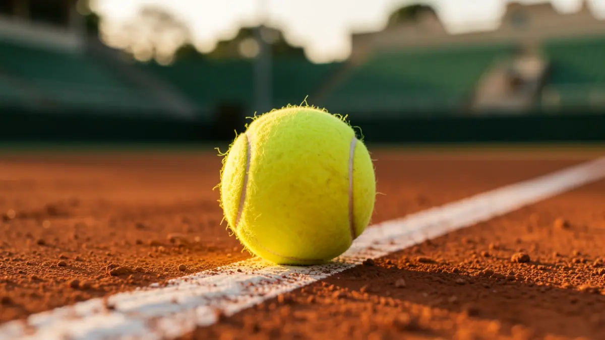 Close-up of a tennis ball on a clay court with white lines and blurred stands in the background.