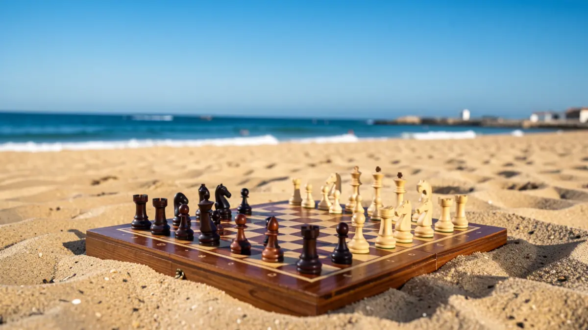 Tablero de ajedrez sobre arena de playa con el mar de fondo.