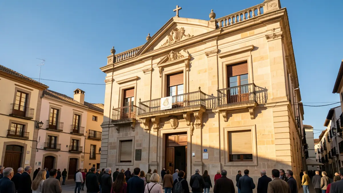 Facade of an Andalusian town hall with a balcony and ornate details under a blue sky.