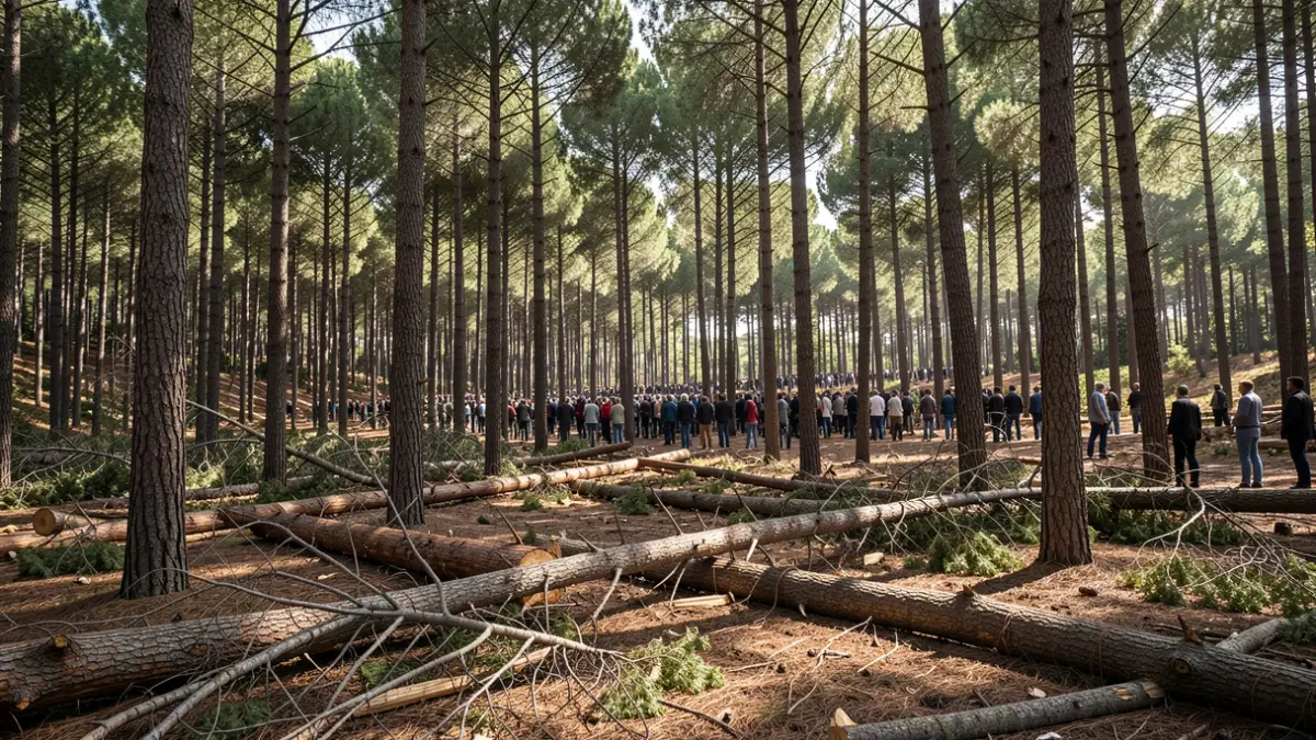 Pine forest with storm-fallen logs and branches.