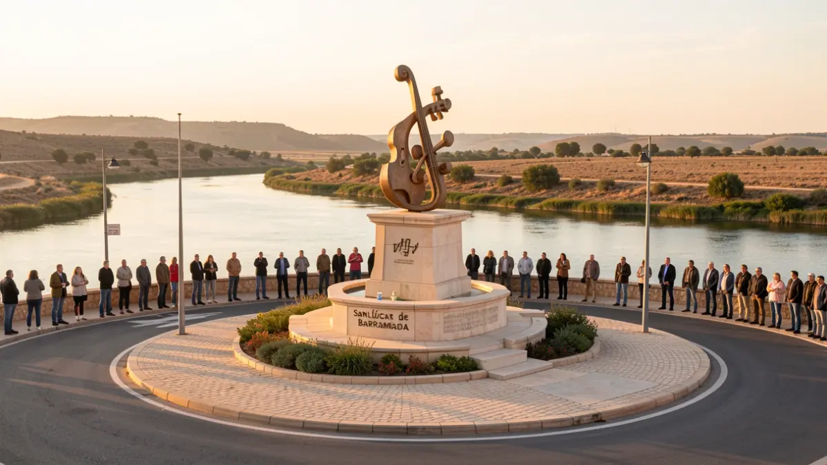 Roundabout in Sanlúcar de Barrameda dedicated to the group SalMarina, with the Guadalquivir river and Doñana in the background.