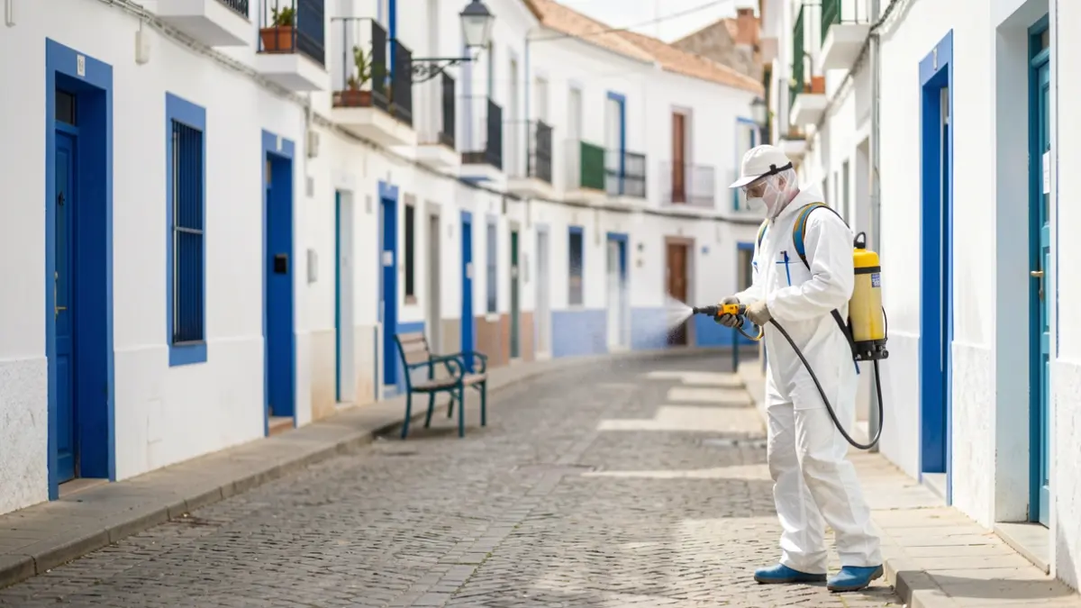 Generic image of a pest control worker performing tasks in a street in Sanlúcar de Barrameda.