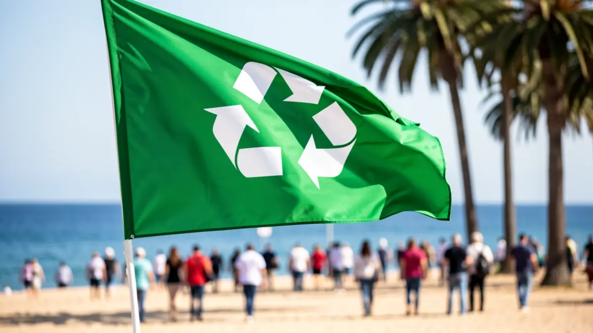 Green flag with recycling symbol waving on a sunny beach.