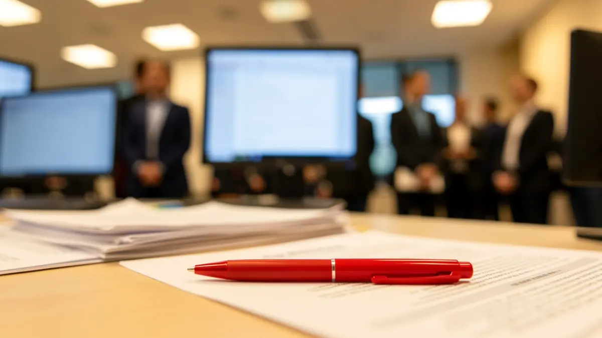 Close-up of a red pen on a desk with blurred office documents and a computer screen in the background.