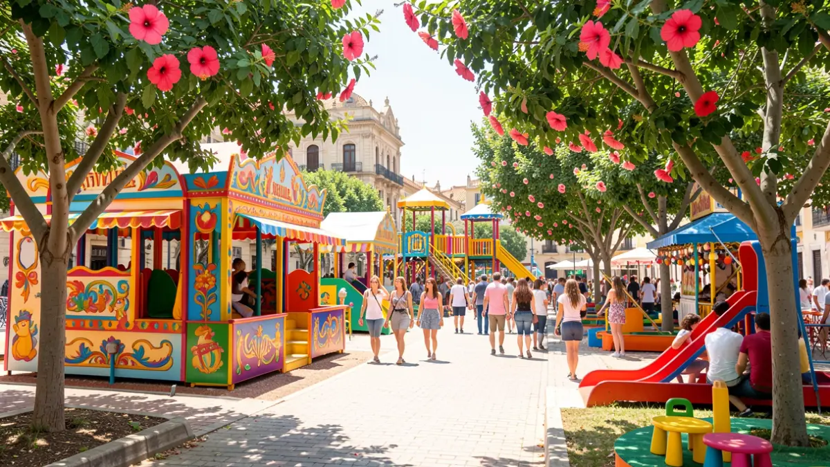 Imagen de la nueva Ciudad de los Niños en el Prado de San Sebastián, Sevilla, con estructuras inspiradas en la Feria de Abril.