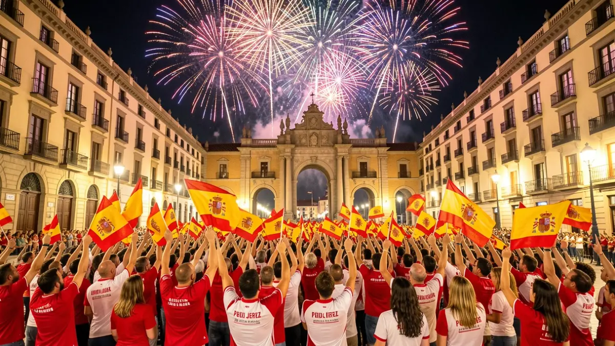 Crowd celebrating Spain's national team victory in Seville's Puerta de Jerez with fireworks.