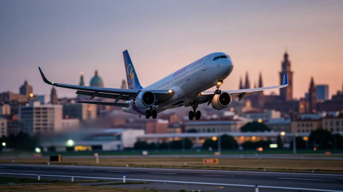 Generic image of a plane taking off at sunset with the silhouette of Sevilla in the background.