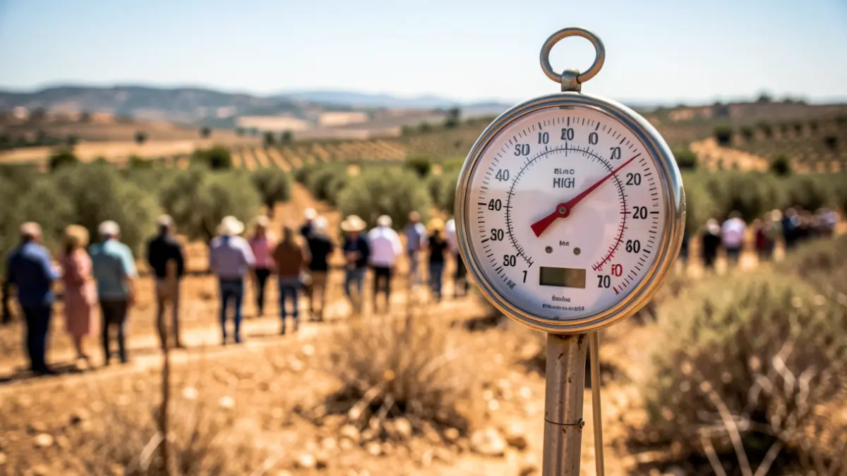 Termómetro marcando alta temperatura en un paisaje andaluz con sol intenso.