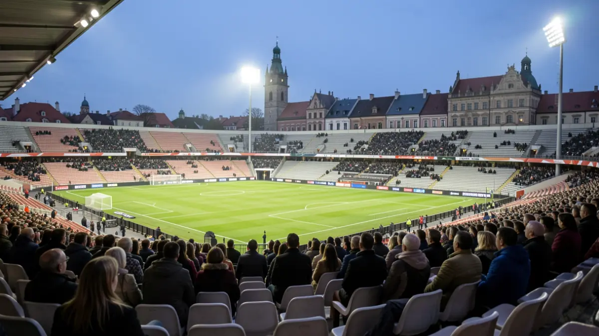 Generic image of a football stadium in Poland at dusk.